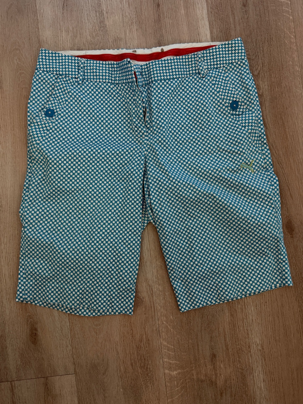 Puma Teal and White Patterned Zip-Front Shorts with Red Trim